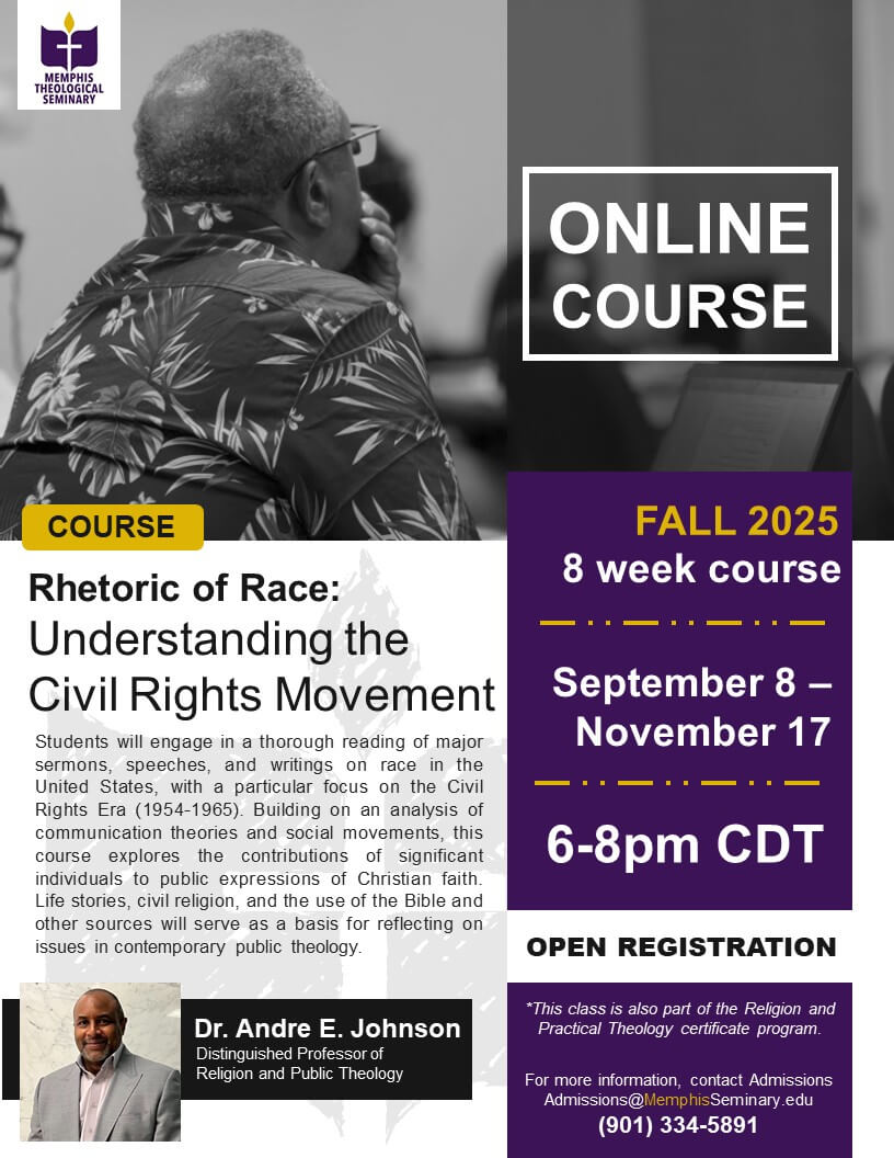 Flier with program details. Course Rhetoric of Race, understanding the civil rights movement.